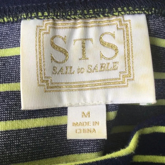 Sail To Sable Navy Yellow Stripe shift dress pockets 3/4 sleeves Size M - Picture 6 of 8